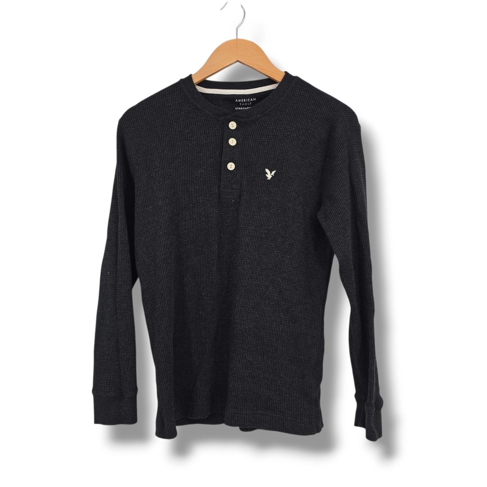 American Eagle Mens XS Charcoal Grey Waffle Knit Long Sleeve Henley Shirt Logo